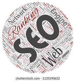 Vector conceptual search results engine optimization top rank seo round circle red online internet word cloud text isolated on background. Marketing strategy web page content relevance network concept