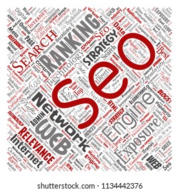 Vector conceptual search results engine optimization top rank seo square red online internet word cloud text isolated on background. Marketing strategy web page content relevance network concept