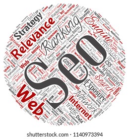 Vector conceptual search results engine optimization top rank seo round circle red online internet word cloud text isolated on background. Marketing strategy web page content relevance network concept