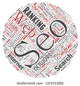 Vector conceptual search results engine optimization top rank seo round circle red online internet word cloud text isolated on background. Marketing strategy web page content relevance network concept