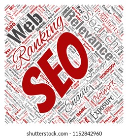 Vector conceptual search results engine optimization top rank seo square red online internet word cloud text isolated on background. Marketing strategy web page content relevance network concept