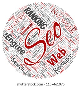 Vector conceptual search results engine optimization top rank seo round circle red online internet word cloud text isolated on background. Marketing strategy web page content relevance network concept