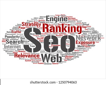 Vector conceptual search results engine optimization top rank, seo abstract online internet word cloud isolated on background. A marketing strategy web page content relevance network concept tagloud