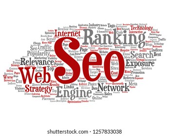 Vector conceptual search results engine optimization top rank, seo abstract online internet word cloud isolated on background. A marketing strategy web page content relevance network concept tagloud