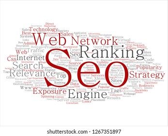 Vektor konzeptuelle Suchergebnisse Suchmaschine Optimierung Top-Rang, seo abstrakte Online-Wort-Cloud einzeln auf dem Hintergrund. Eine Marketingstrategie Website-Inhaltsrelevanz Netzwerk-Konzept getlobt