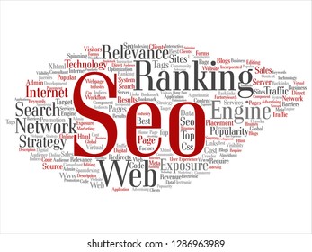 Vector conceptual search results engine optimization top rank, seo abstract online internet word cloud isolated on background. A marketing strategy web page content relevance network concept tagloud