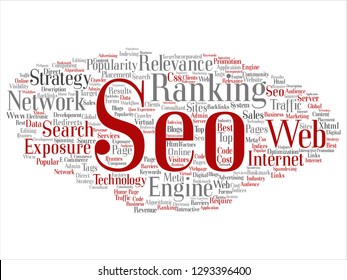 Vector conceptual search results engine optimization top rank, seo abstract online internet word cloud isolated on background. A marketing strategy web page content relevance network concept tagloud