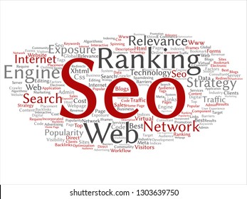 Vector conceptual search results engine optimization top rank, seo abstract online internet word cloud isolated on background. A marketing strategy web page content relevance network concept tagloud