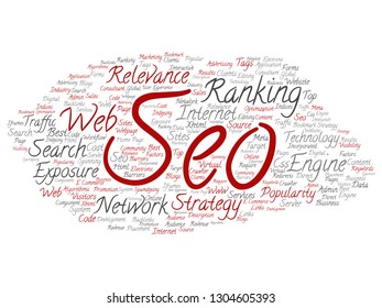 Vektor konzeptuelle Suchergebnisse Suchmaschine Optimierung Top-Rang, seo abstrakte Online-Wort-Cloud einzeln auf dem Hintergrund. Eine Marketingstrategie Website-Inhaltsrelevanz Netzwerk-Konzept getlobt