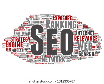 Vector conceptual search results engine optimization top rank, seo abstract online internet word cloud isolated on background. A marketing strategy web page content relevance network concept tagloud