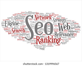 Vector conceptual search results engine optimization top rank, seo abstract online internet word cloud isolated on background. A marketing strategy web page content relevance network concept tagloud