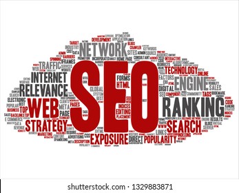 Vector conceptual search results engine optimization top rank, seo abstract online internet word cloud isolated on background. A marketing strategy web page content relevance network concept tagloud