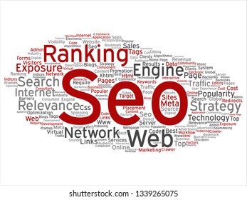 Vector conceptual search results engine optimization top rank, seo abstract online internet word cloud isolated on background. A marketing strategy web page content relevance network concept tagloud