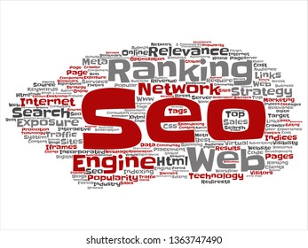 Vector conceptual search results engine optimization top rank, seo abstract online internet word cloud isolated on background. A marketing strategy web page content relevance network concept tagloud