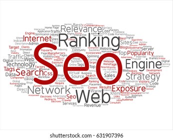 Vector conceptual search results engine optimization top rank, seo abstract online internet word cloud isolated on background. A marketing strategy web page content relevance network concept tagloud