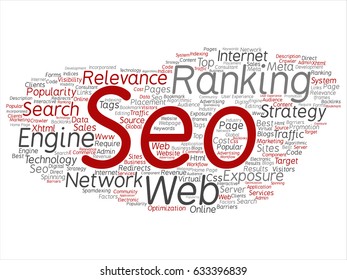 Vector conceptual search results engine optimization top rank, seo abstract online internet word cloud isolated on background. A marketing strategy web page content relevance network concept tagloud