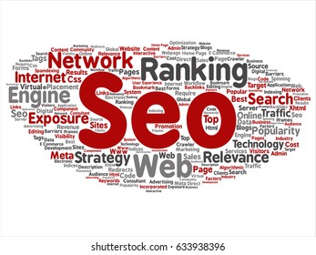 Vector conceptual search results engine optimization top rank, seo abstract online internet word cloud isolated on background. A marketing strategy web page content relevance network concept tagloud