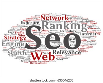 Vector conceptual search results engine optimization top rank, seo abstract online internet word cloud isolated on background. A marketing strategy web page content relevance network concept tagloud