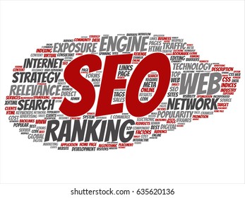 Vector conceptual search results engine optimization top rank, seo abstract online internet word cloud isolated on background. A marketing strategy web page content relevance network concept tagloud
