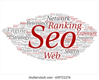 Vektor konzeptuelle Suchergebnisse Suchmaschine Optimierung Top-Rang, seo abstrakte Online-Wort-Cloud einzeln auf dem Hintergrund. Eine Marketingstrategie Website-Inhaltsrelevanz Netzwerk-Konzept getlobt