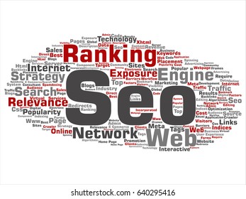 Vector conceptual search results engine optimization top rank, seo abstract online internet word cloud isolated on background. A marketing strategy web page content relevance network concept tagloud