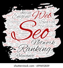 Vector conceptual search results engine optimization top rank, seo brush or paper online internet word cloud text isolated on background. Marketing strategy web page content relevance network concept