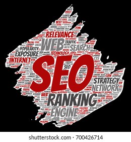 Vector conceptual search results engine optimization top rank, seo brush or paper online internet word cloud text isolated on background. Marketing strategy web page content relevance network concept