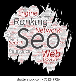 Vector conceptual search results engine optimization top rank, seo brush or paper online internet word cloud text isolated on background. Marketing strategy web page content relevance network concept