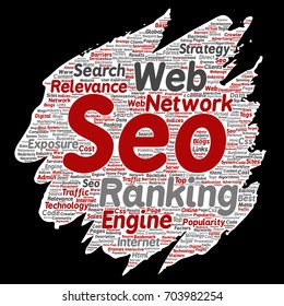 Vector conceptual search results engine optimization top rank, seo brush or paper online internet word cloud text isolated on background. Marketing strategy web page content relevance network concept