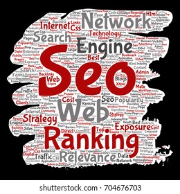 Vector conceptual search results engine optimization top rank, seo brush or paper online internet word cloud text isolated on background. Marketing strategy web page content relevance network concept