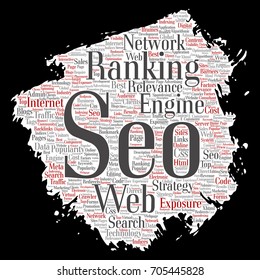 Vector conceptual search results engine optimization top rank, seo brush or paper online internet word cloud text isolated on background. Marketing strategy web page content relevance network concept