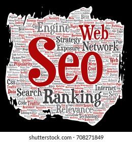 Vector conceptual search results engine optimization top rank, seo brush or paper online internet word cloud text isolated on background. Marketing strategy web page content relevance network concept