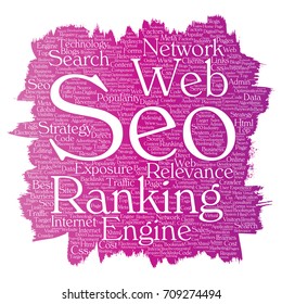Vector conceptual search results engine optimization top rank, seo brush or paint online internet word cloud text isolated on background. Marketing strategy web page content relevance network concept