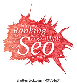 Vector conceptual search results engine optimization top rank, seo brush or paint online internet word cloud text isolated on background. Marketing strategy web page content relevance network concept