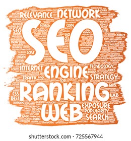 Vector conceptual search results engine optimization top rank, seo brush or paint online internet word cloud text isolated on background. Marketing strategy web page content relevance network concept