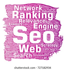 Vector conceptual search results engine optimization top rank, seo brush or paint online internet word cloud text isolated on background. Marketing strategy web page content relevance network concept