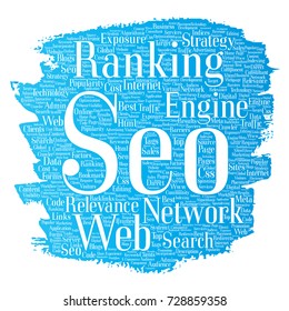 Vektor konzeptionelle Suchergebnisse Suchmaschine Optimierung Top-Rang, seo Bürste oder Farbe Online-Wort Cloud Text einzeln auf dem Hintergrund. Webseiteninhaltsrelevantes Netzkonzept für Marketingstrategie