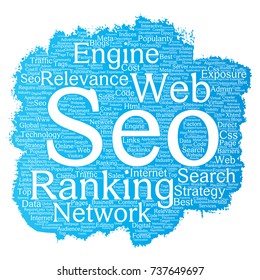 Vector conceptual search results engine optimization top rank, seo brush or paint online internet word cloud text isolated on background. Marketing strategy web page content relevance network concept