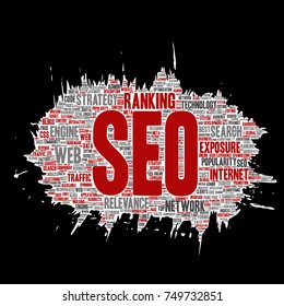Vector conceptual search results engine optimization top rank, seo brush or paper online internet word cloud text isolated on background. Marketing strategy web page content relevance network concept