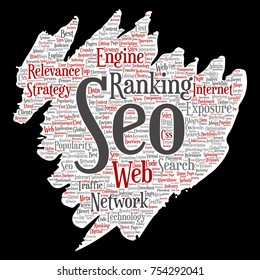 Vector conceptual search results engine optimization top rank, seo brush or paper online internet word cloud text isolated on background. Marketing strategy web page content relevance network concept