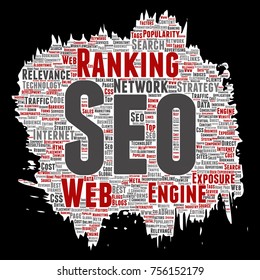 Vector conceptual search results engine optimization top rank, seo brush or paper online internet word cloud text isolated on background. Marketing strategy web page content relevance network concept
