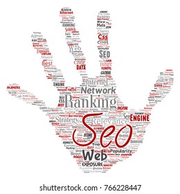 Vector conceptual search results engine optimization top rank seo hand print stamp online internet word cloud text isolated on background. Marketing strategy web page content relevance network concept