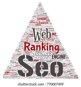 Vector conceptual search results engine optimization top rank seo triangle arrow online internet word cloud text isolated on background. Marketing strategy web page content relevance network concept