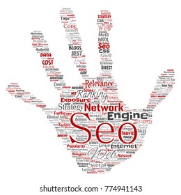 Vector conceptual search results engine optimization top rank seo hand print stamp online internet word cloud text isolated on background. Marketing strategy web page content relevance network concept