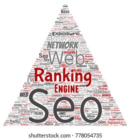 Vector conceptual search results engine optimization top rank seo triangle arrow online internet word cloud text isolated on background. Marketing strategy web page content relevance network concept