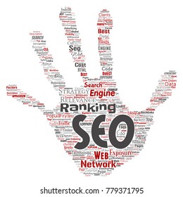 Vector conceptual search results engine optimization top rank seo hand print stamp online internet word cloud text isolated on background. Marketing strategy web page content relevance network concept