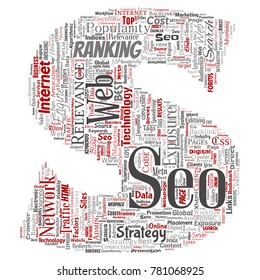 Vector conceptual search results engine optimization top rank seo letter font S online internet word cloud text isolated on background. Marketing strategy web page content relevance network concept