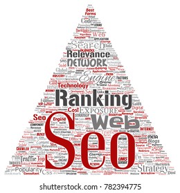 Vector conceptual search results engine optimization top rank seo triangle arrow online internet word cloud text isolated on background. Marketing strategy web page content relevance network concept