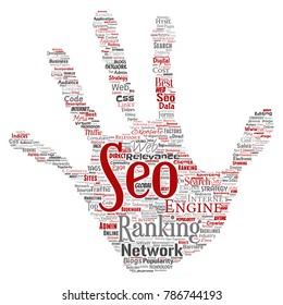 Vector conceptual search results engine optimization top rank seo letter font S online internet word cloud text isolated on background. Marketing strategy web page content relevance network concept