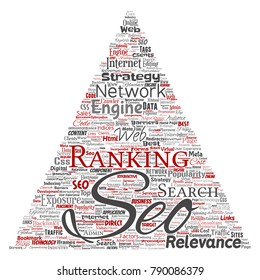 Vector conceptual search results engine optimization top rank seo triangle arrow online internet word cloud text isolated on background. Marketing strategy web page content relevance network concept